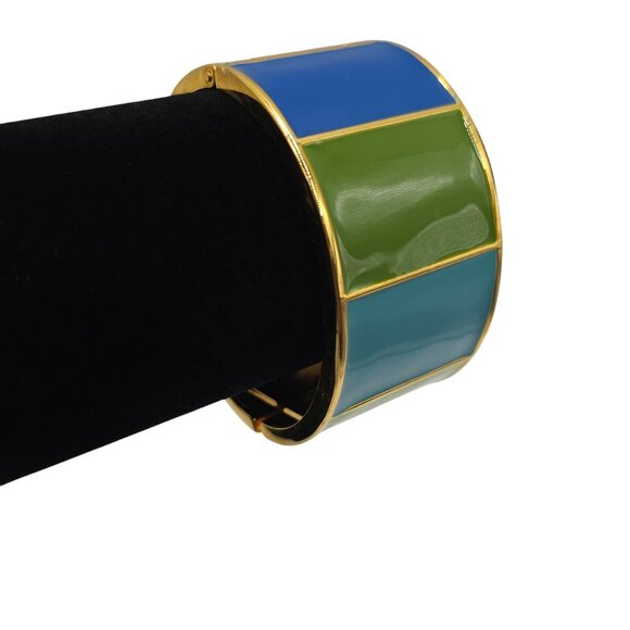 Green/Blue Enamel Gold Tone Chunky Bangle Cuff Bracelet Boho Cottage Cabincore - Picture 2 of 14